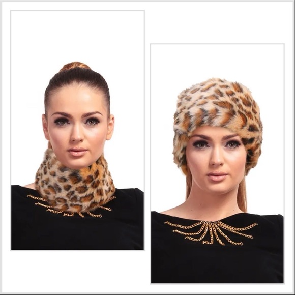 🛍🎁Brown Leopard Print Faux Fur Winter Headband, Earmuff, and Scarf Neck Warmer - Picture 1 of 4